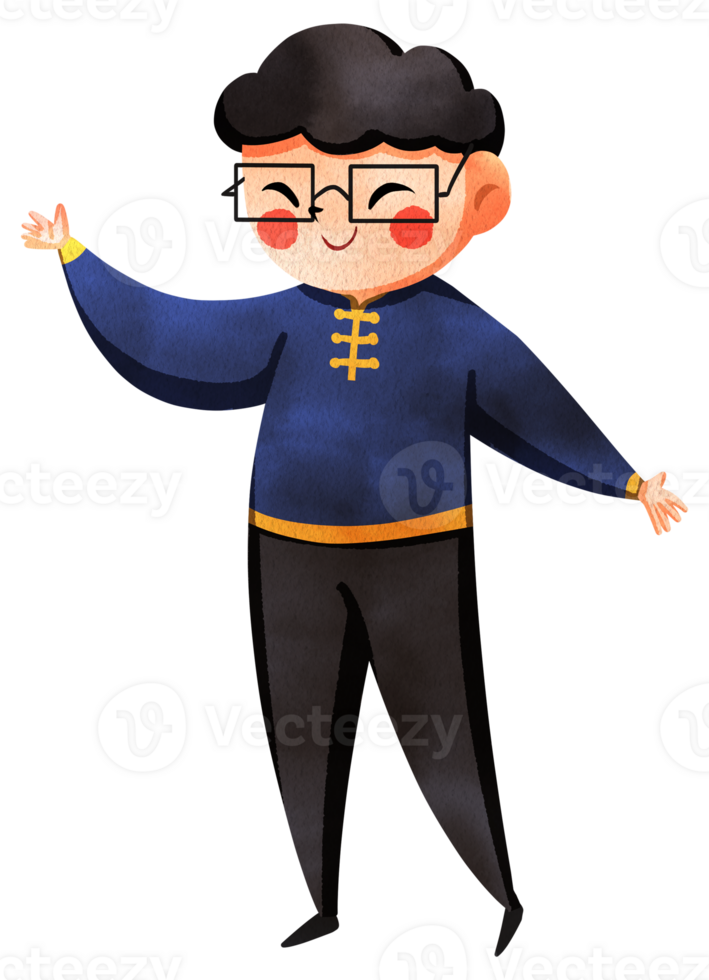 A happy man wearing glasses is raising his hand while talking with a smile, hand-drawn watercolor painting illustration png