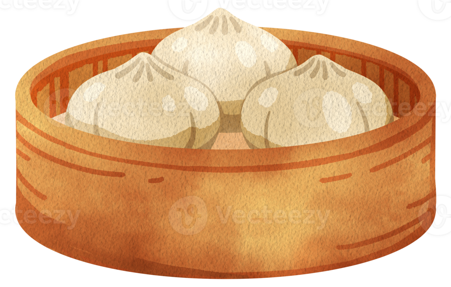 Steamed buns nestled in a bamboo basket, fluffy and warm, hand-drawn watercolor painting illustration png