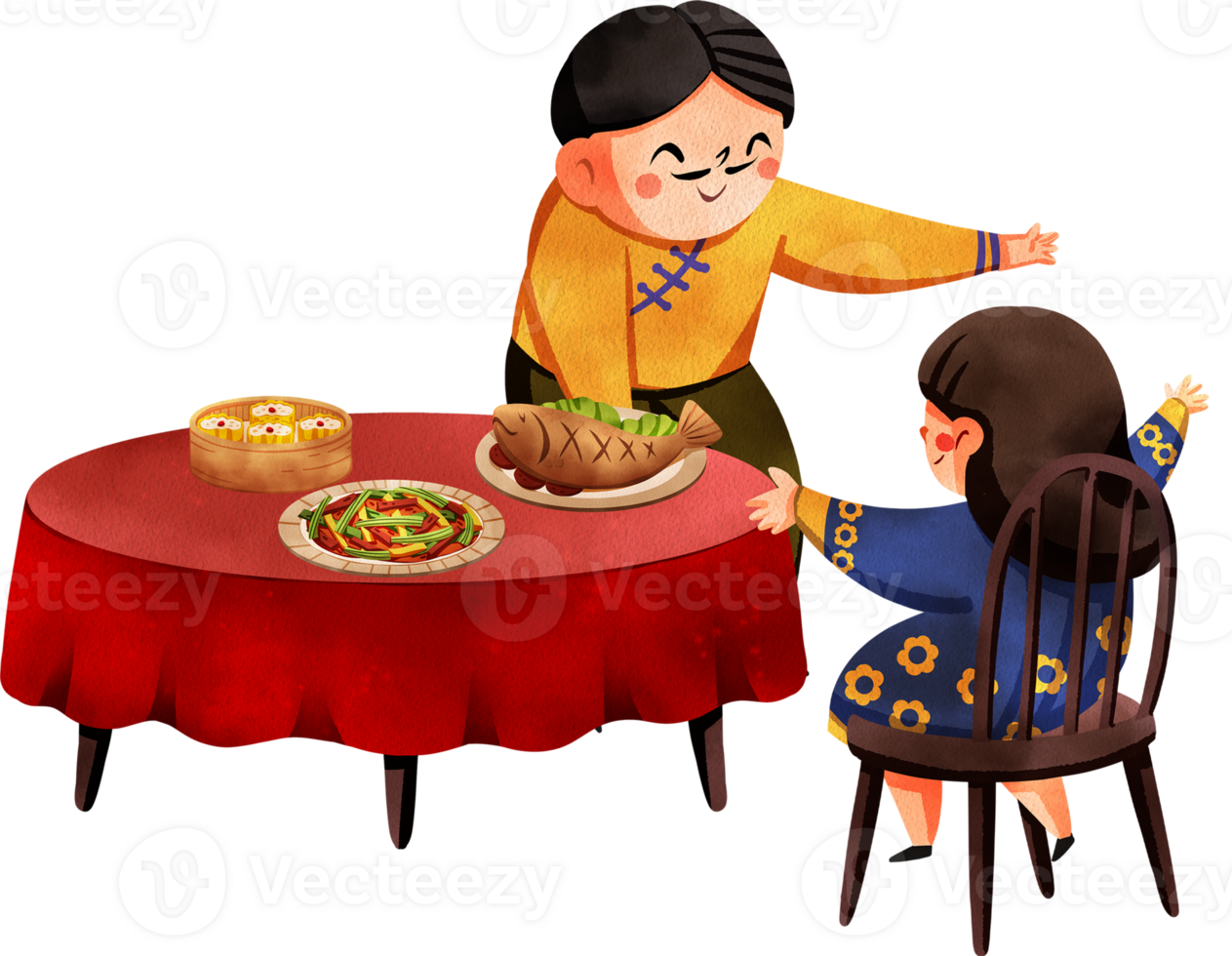 A Chinese grandfather and granddaughter about to hug before dinner at a wooden table with a red tablecloth, filled with various Chinese dishes, hand-drawn watercolor painting illustration png