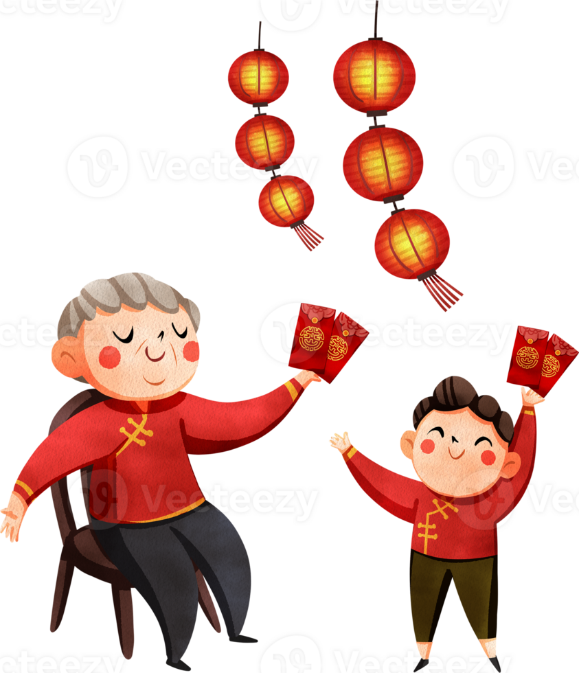 An elderly Chinese man sitting in a chair holds red envelopes, while his happy grandson receives a pile of them underneath a traditional Chinese lantern, hand-drawn watercolor painting illustration png