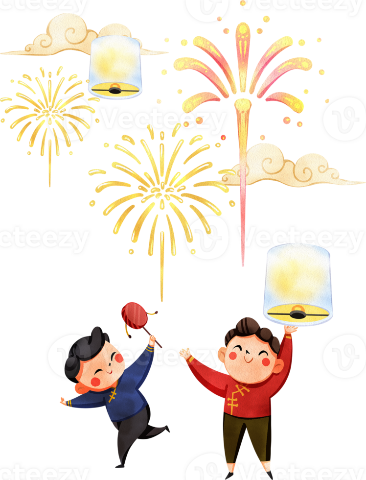 Two Chinese children are running and playing under fireworks and sky lanterns, hand-drawn watercolor painting illustration png