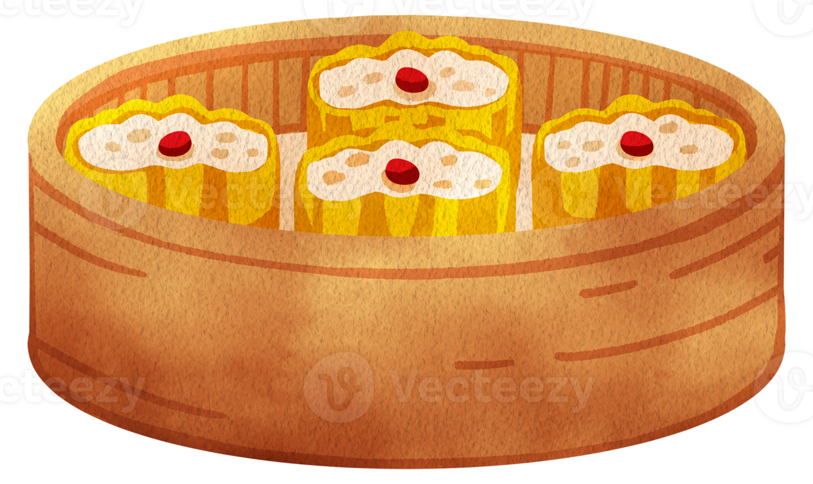 Steamed dumplings resting in a bamboo basket, soft and delicious, hand-drawn watercolor painting illustration png