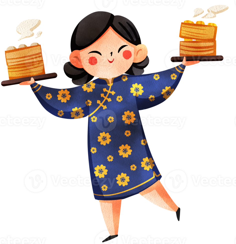 A happy woman in a blue Chinese dress is holding up two trays of food, hand-drawn watercolor painting illustration png