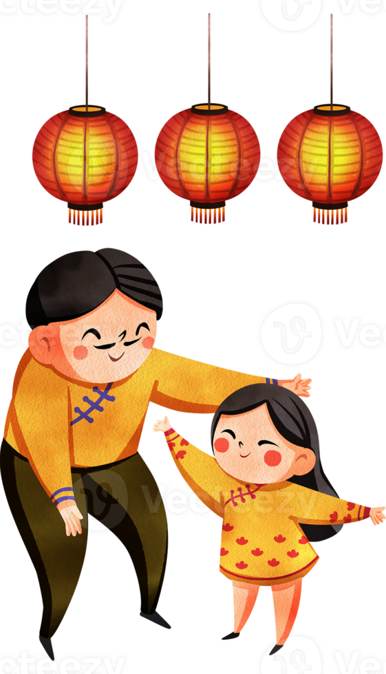 A Chinese grandfather and grandson with outstretched arms ready to hug under a red Chinese lantern, hand-drawn watercolor painting illustration png