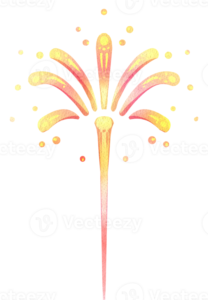 Yellowish-pink fireworks bursting in the night sky, creating a soft and colorful display, hand-drawn watercolor painting illustration png