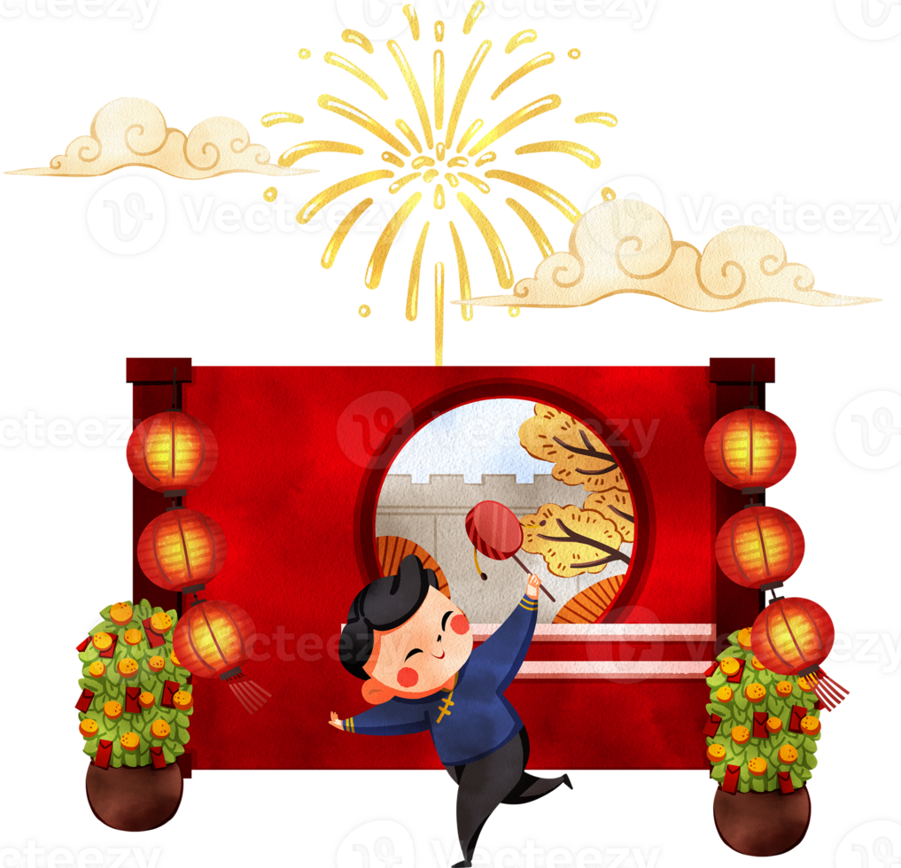 A Chinese boy is happily playing with toys inside a red house while fireworks are being lit outside in celebration, hand-drawn watercolor painting illustration png