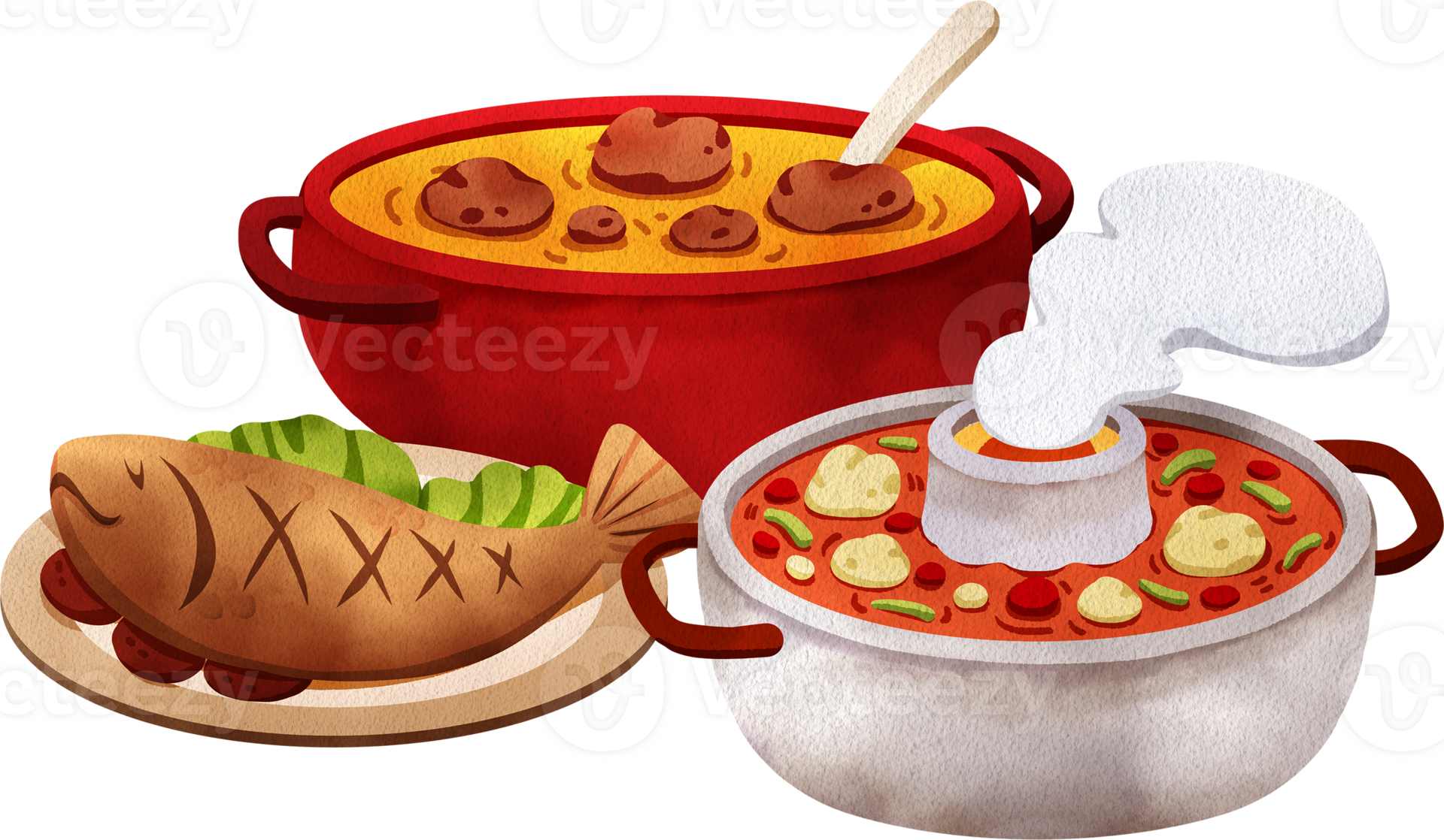 Meat soup in a red pot, fried fish, and malatang soup in a hot pot on a