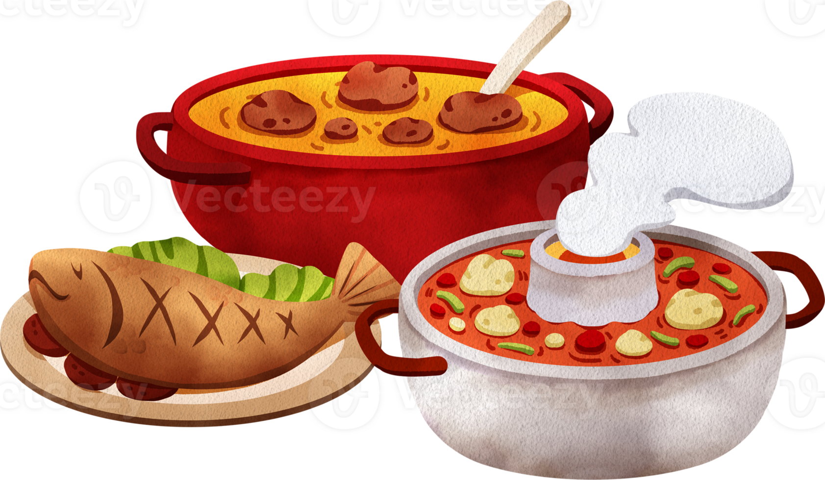 Meat soup in a red pot, fried fish, and malatang soup in a hot pot on a dining table, hand-drawn watercolor painting illustration png