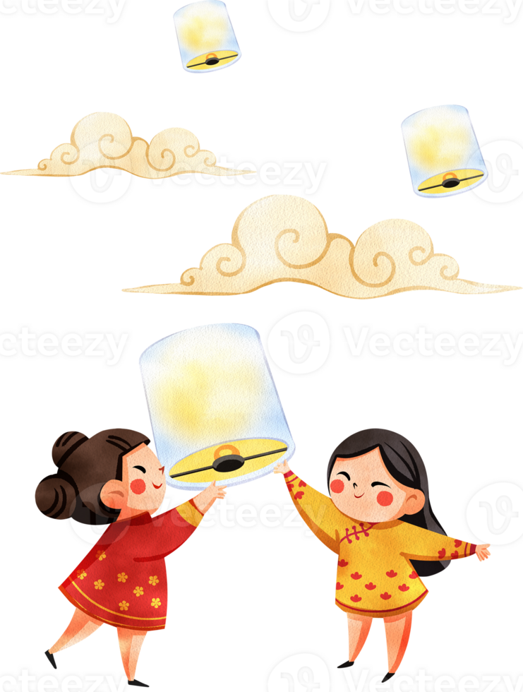 Chinese siblings are together releasing a sky lantern, floating among the clouds, hand-drawn watercolor painting illustration png
