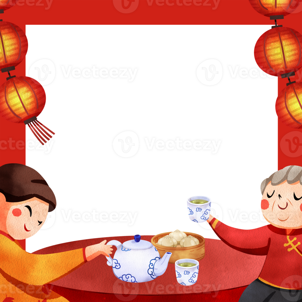 Grandson is pouring tea for grandmother at a red dining table, hand-drawn watercolor painting frame design png