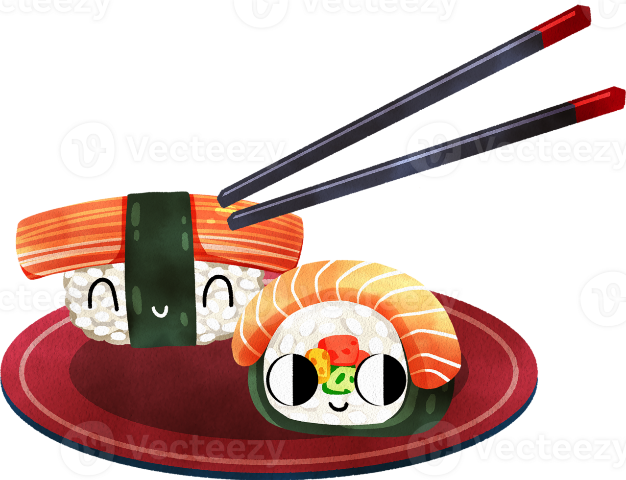 Salmon maki roll and crab stick sushi wrapped in seaweed placed on a red plate with chopsticks picking them up, hand-drawn watercolor painting illustration png