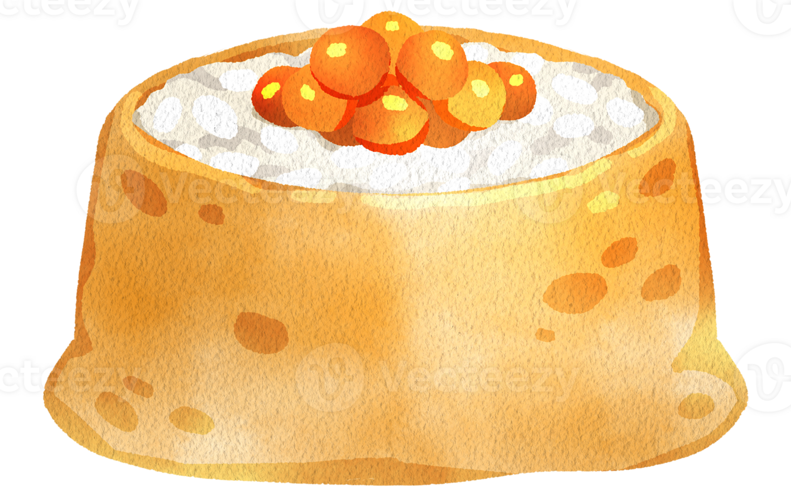 Inari sushi topped with ikura, sweet rice wrapped in soft tofu skin, garnished with vibrant orange fish roe, hand-drawn watercolor painting illustration png