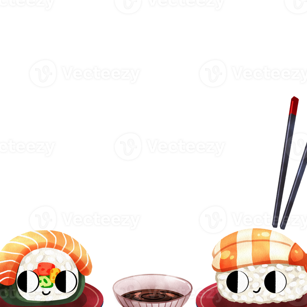 Salmon maki roll, soy sauce with wasabi, and shrimp sushi with chopsticks, hand-drawn watercolor frame design. png
