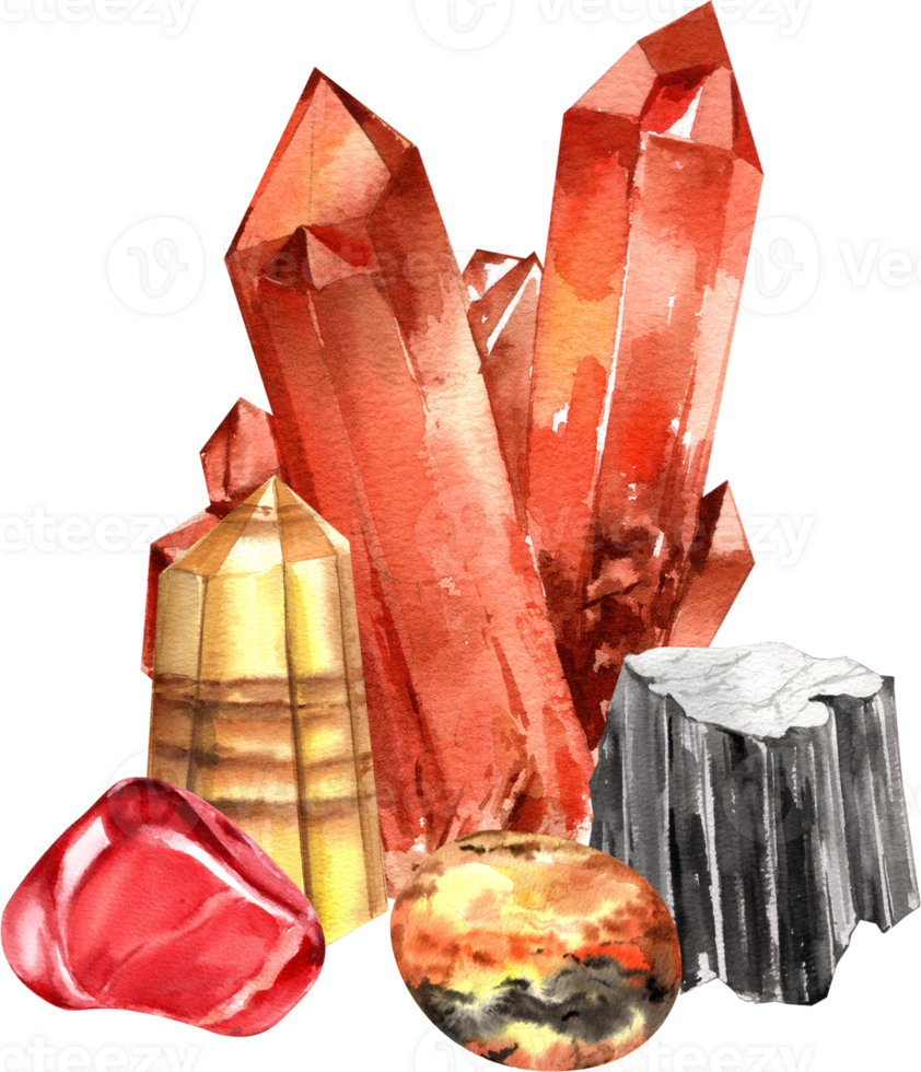 Jasper, Red Phantom Quartz Gemstones, watercolor painting hand-drawn illustration png
