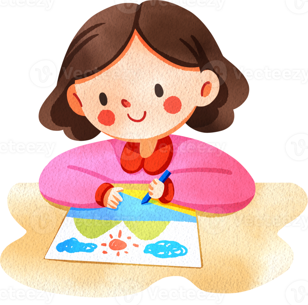 A happy short-haired girl is drawing, hand-drawn watercolor digital painting illustration png