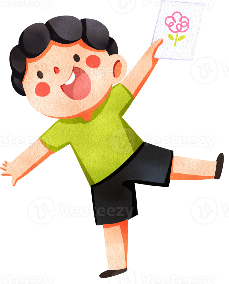 Happy boy is holding up a drawing, hand-drawn watercolor digital painting illustration png