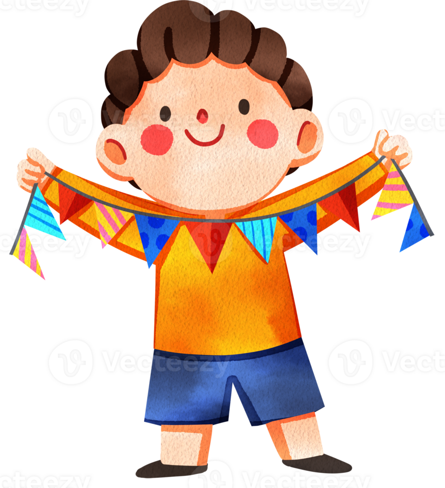 Happy boy is showing a triangular ribbon art, hand-drawn watercolor digital painting illustration png