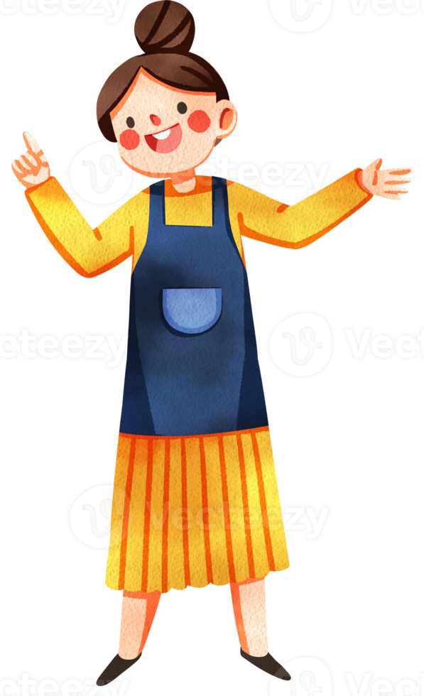 Happy woman in a yellow dress and apron is talking and smiling, hand-drawn watercolor digital painting illustration png