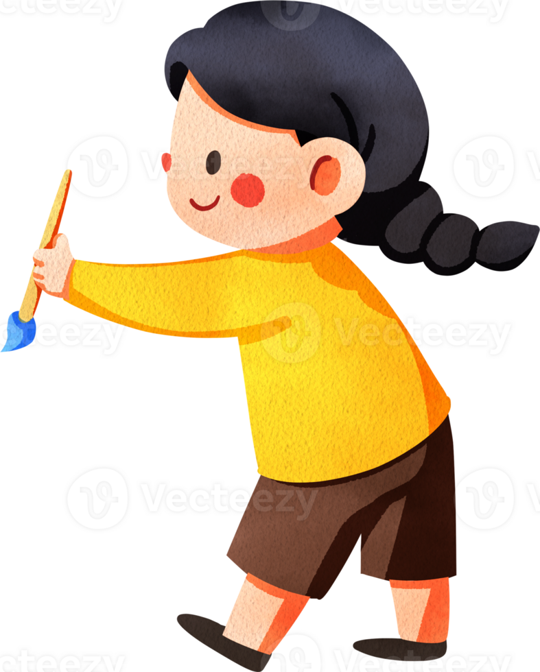 Happy girl in a yellow shirt holding a paintbrush, viewed from the side, hand-drawn watercolor digital painting illustration png