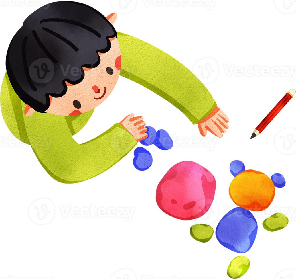 A boy molds clay from a top view, creating art with kids' clay, hand-drawn watercolor digital painting illustration png