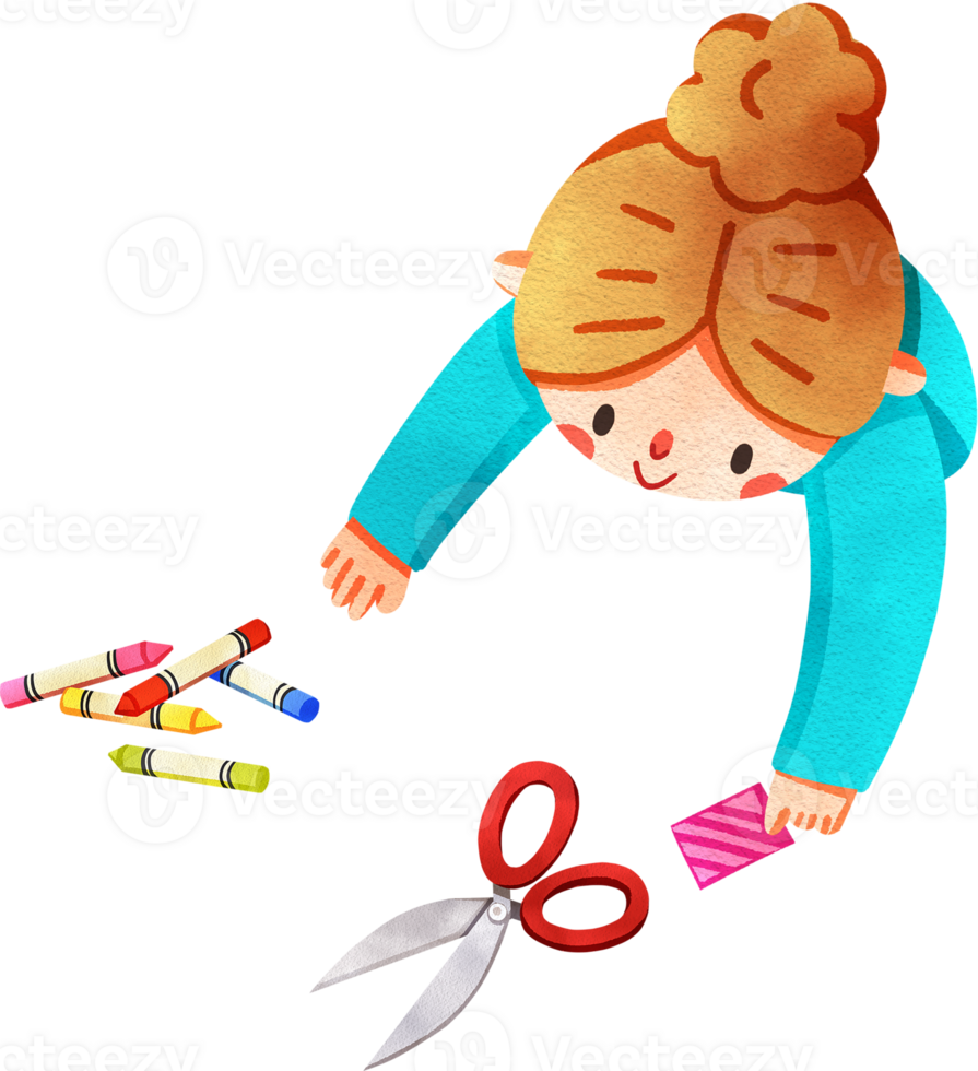 A long-haired girl in a red shirt smiles while drawing with a paintbrush next to a rainbow painting and a colorful palette, hand-drawn watercolor digital painting illustration png