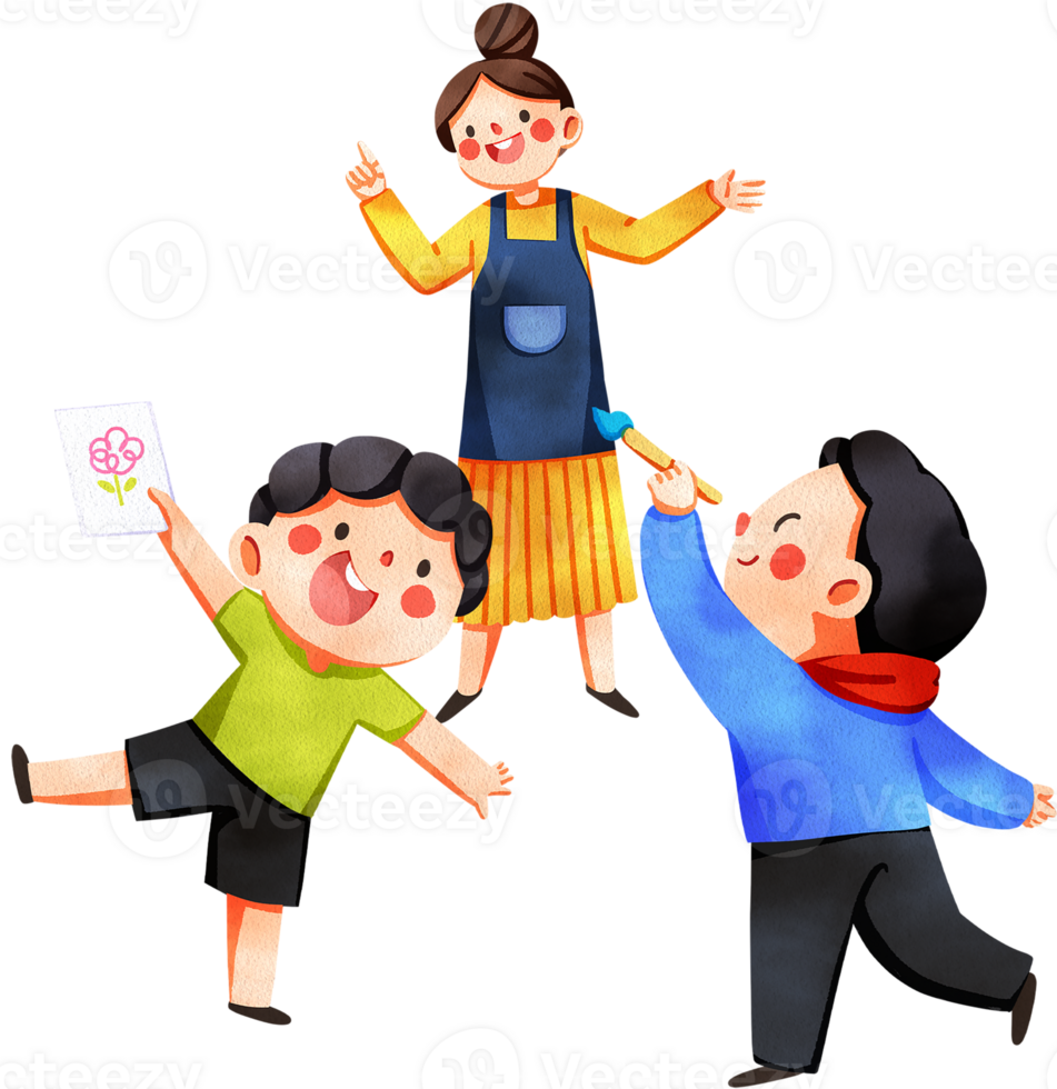 A happy woman in a yellow dress talks and smiles with boys holding up drawings and paintbrushes, hand-drawn watercolor digital painting illustration png