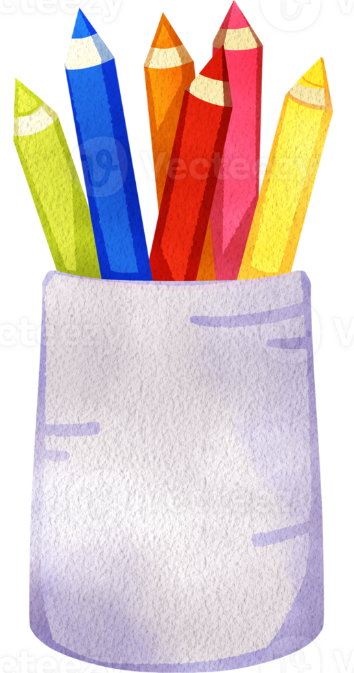 Colored pencils in a white cup, hand-drawn digital painting watercolor illustration png