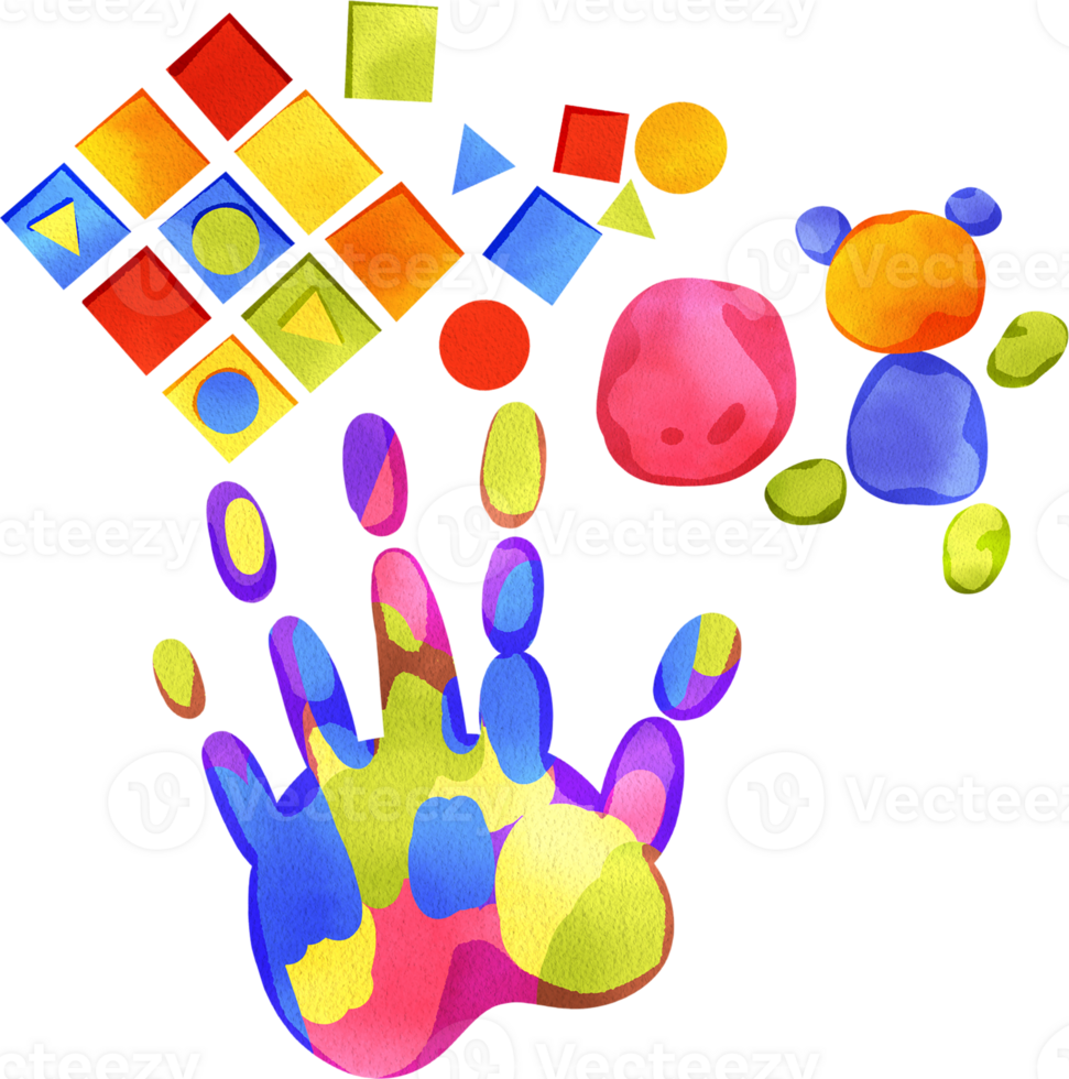 A variety of colored paper for crafting, kids' clay art, and a child's handprint artwork, hand-drawn watercolor digital painting illustration png