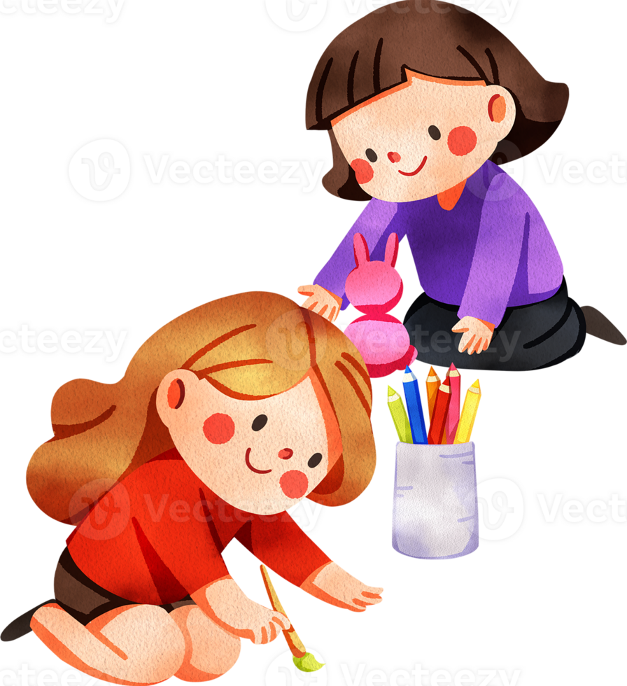 A long-haired girl in a red shirt happily draws with a paintbrush while a short-haired girl makes a clay rabbit, with colored pencils in a cup, hand-drawn digital painting watercolor illustration png