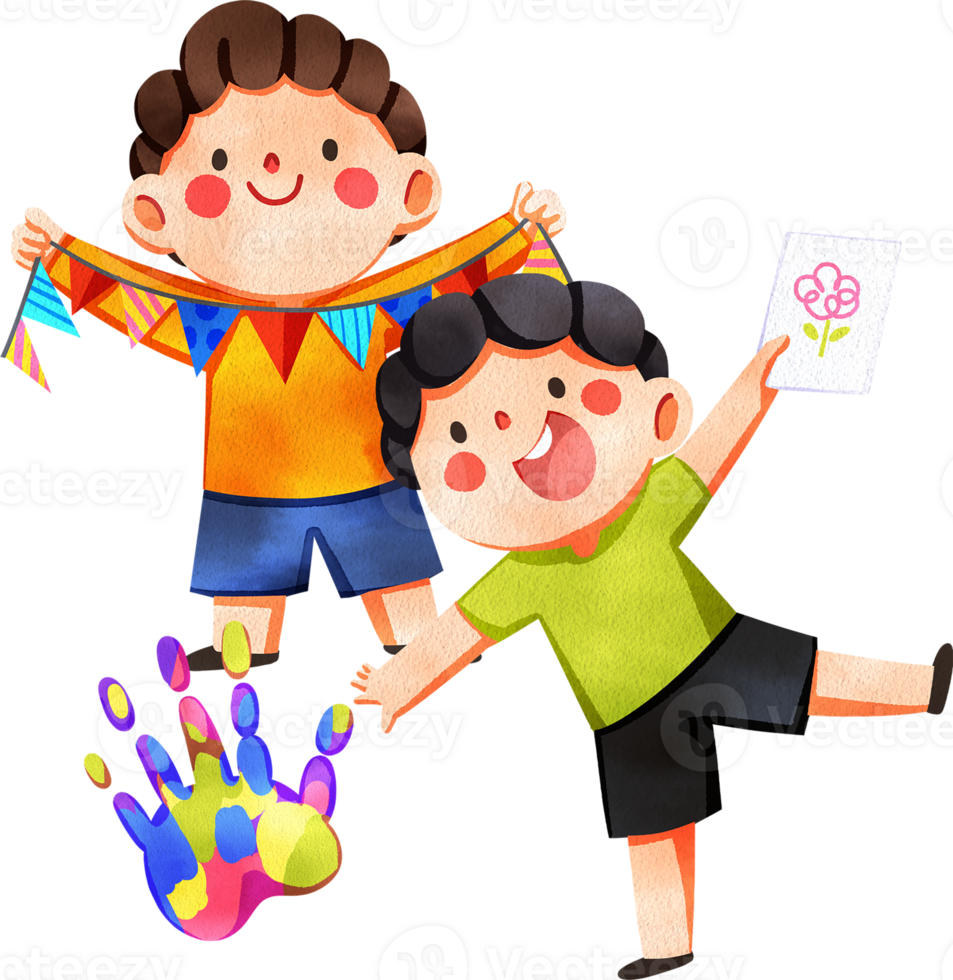 A happy boy shows his triangular ribbon art, a drawing, and a handprint artwork, hand-drawn watercolor digital painting illustration png