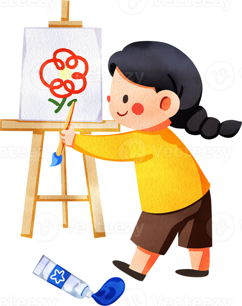 A happy girl in a yellow shirt holds a paintbrush, painting a red flower on an easel, hand-drawn watercolor digital painting illustration png