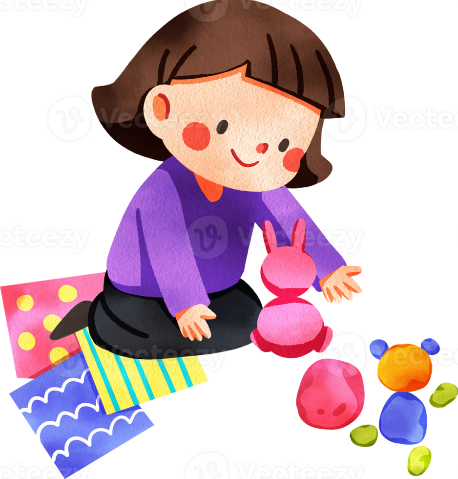 A happy short-haired girl sits making a clay rabbit on patterned paper for crafting, hand-drawn watercolor digital painting illustration png