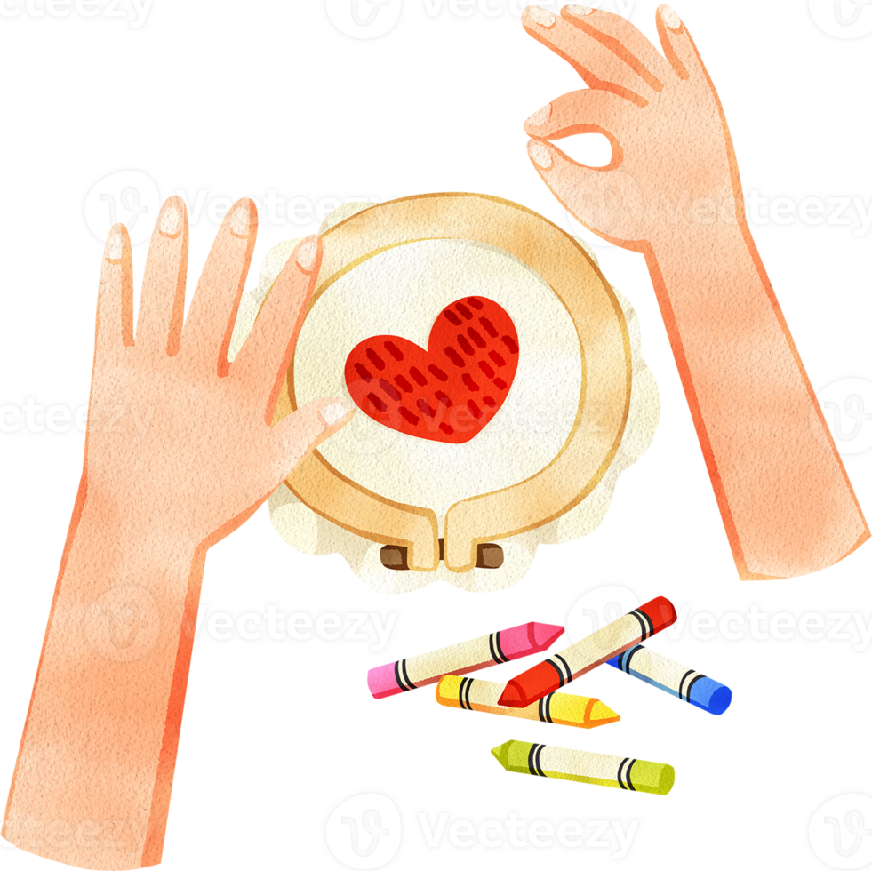 A hand facing down, red heart embroidery, and a pile of colorful crayons, hand-drawn watercolor digital painting illustration png