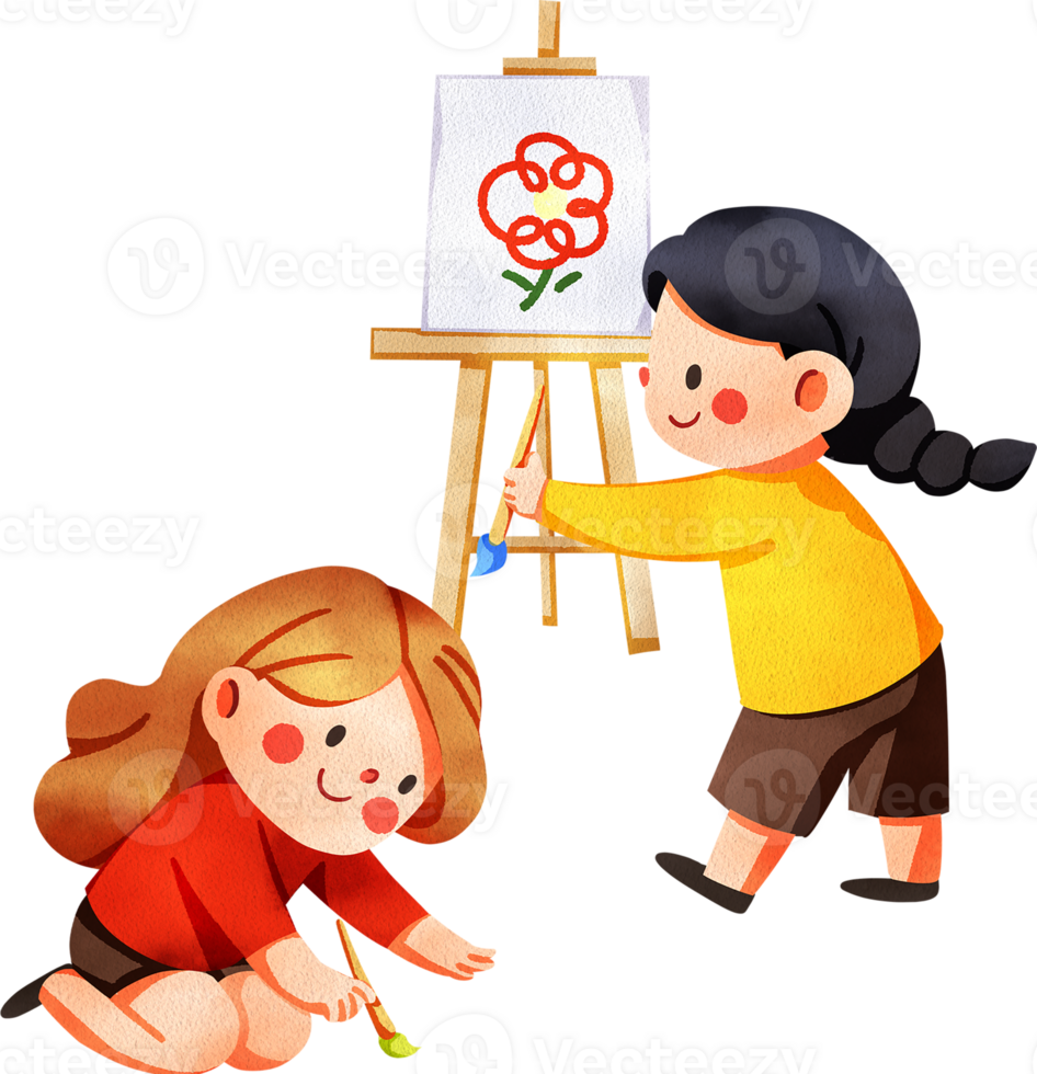 A long-haired girl in a red shirt happily draws, while a girl in a yellow shirt holds a paintbrush next to a red flower painting on an easel, hand-drawn watercolor digital painting illustration png