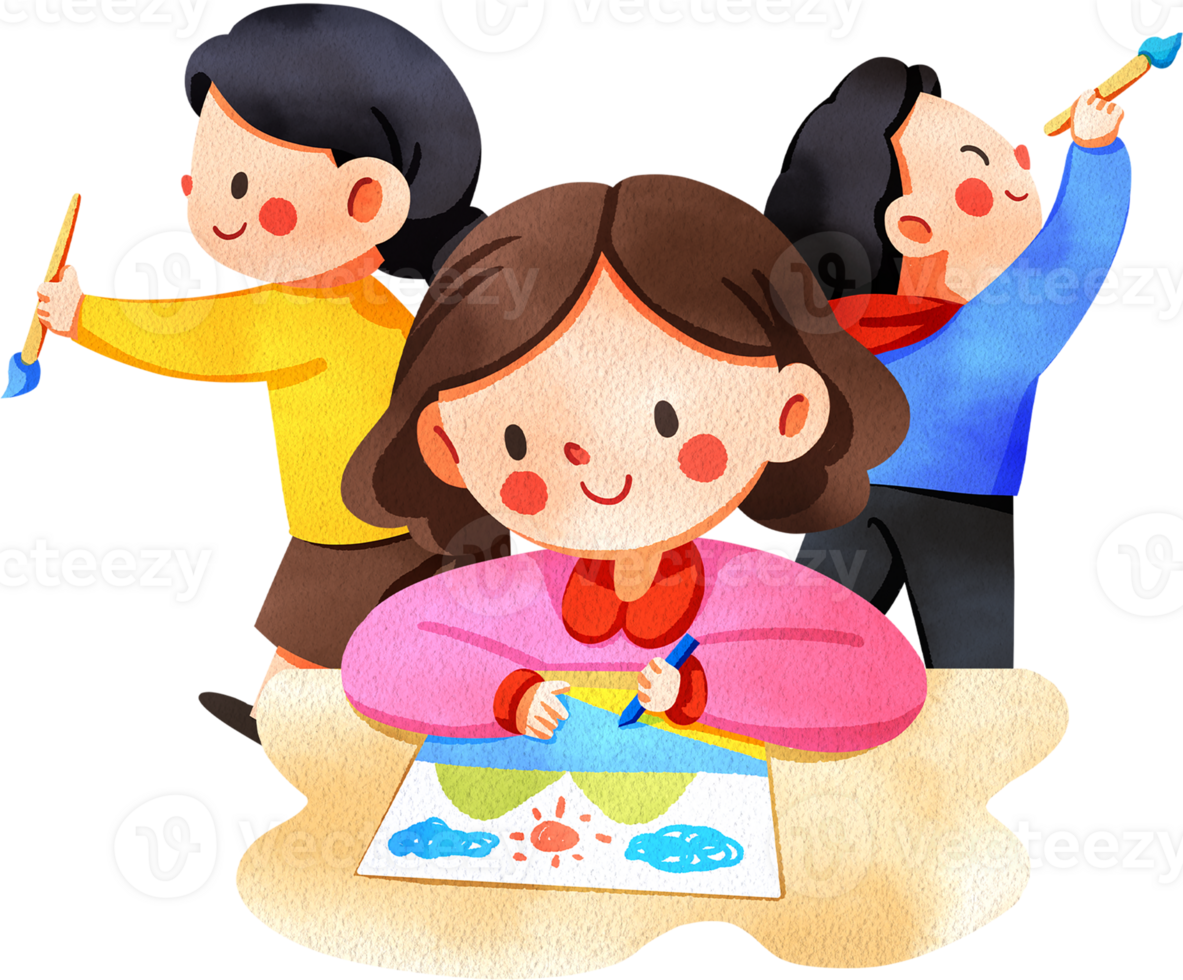 A happy short-haired girl draws as a girl in a yellow shirt and a boy in a blue shirt smile with paintbrushes, hand-drawn digital painting watercolor illustration png