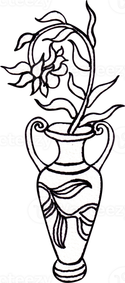 A curved-stem flower in a tall vase, Line art, hand-drawn watercolor illustration png