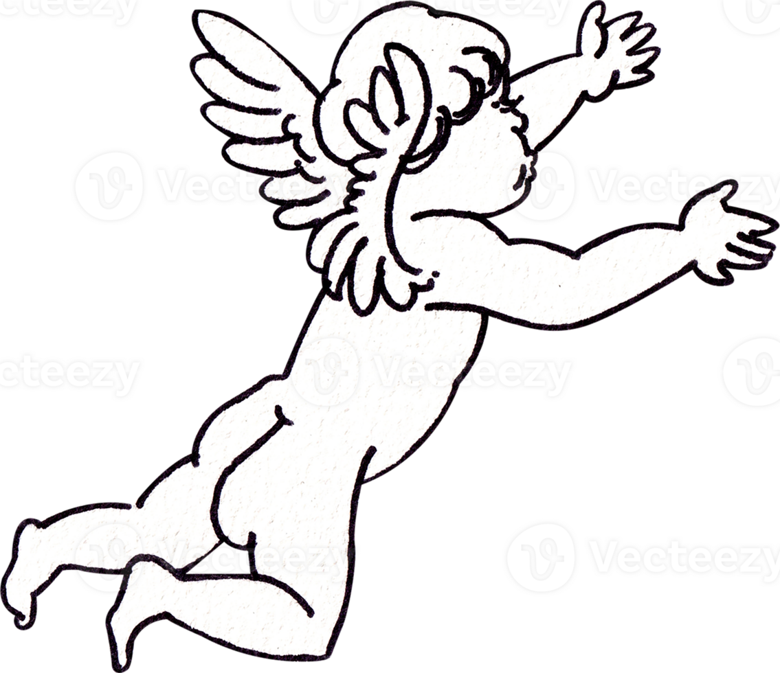 Cupid is flying while extending both arms forward, line art, hand-drawn line art illustration png