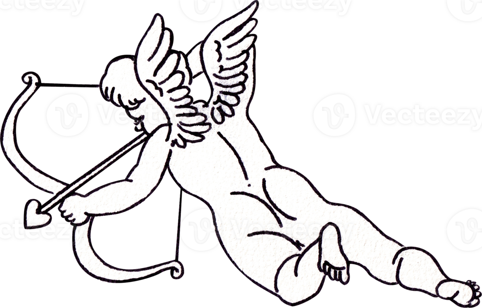 Cupid is flying and shooting a bow, viewed from behind, Line art, hand-drawn watercolor illustration png