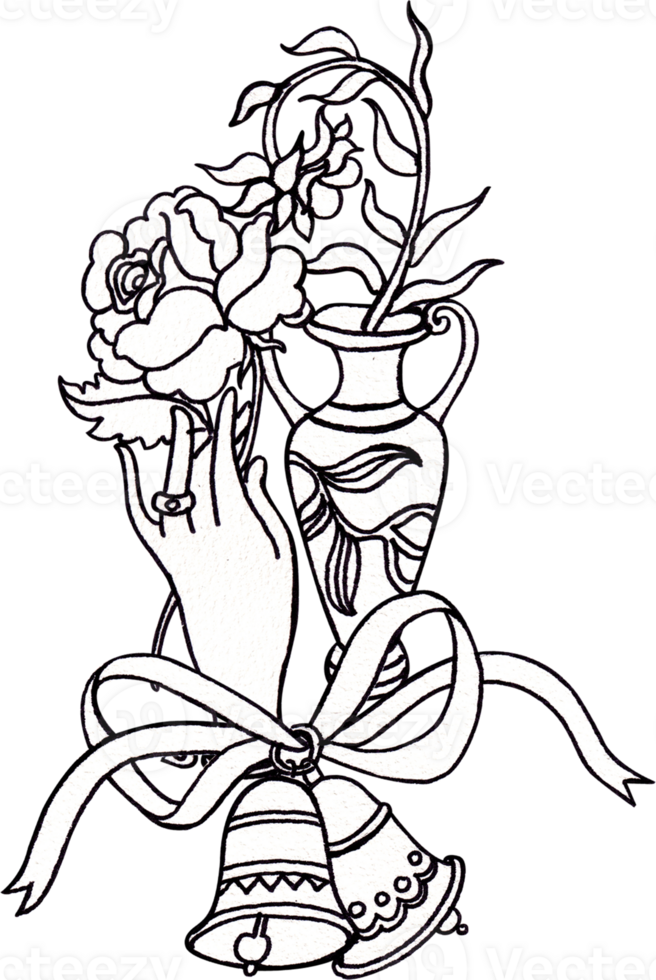 A slender hand holds a blooming rose next to a tall vase and bells, Line art, hand-drawn line art illustration png