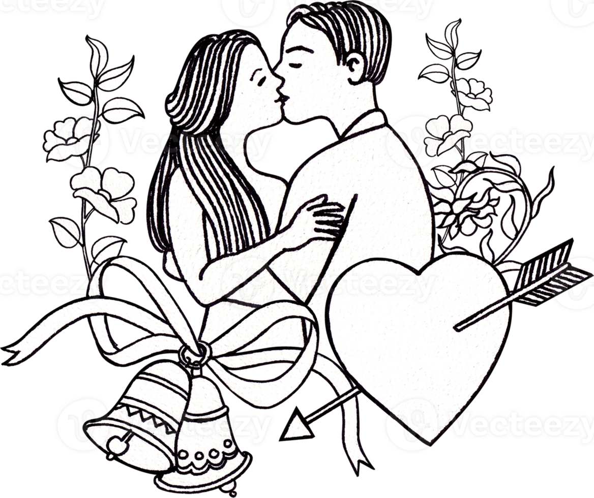 A long-haired couple kisses lovingly near a heart pierced by an arrow, accompanied by bells and flowers, Line art, hand-drawn line art illustration png