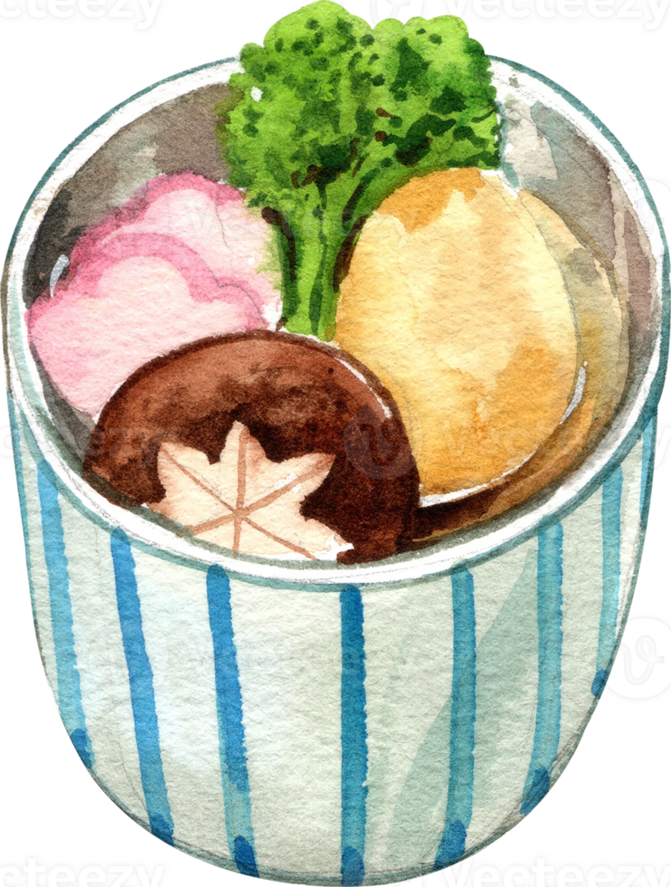 Simono clear soup with tofu, shiitake mushroom, naruto, broccoli, hand-drawn watercolor painting illustration png