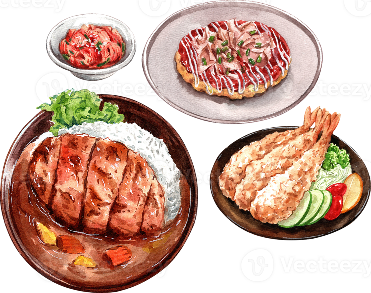 Pork tonkatsu with japanese curry, Shrimp Tempura, Okonomiyaki, pickled ginger, watercolor painting hand-drawn illustration png