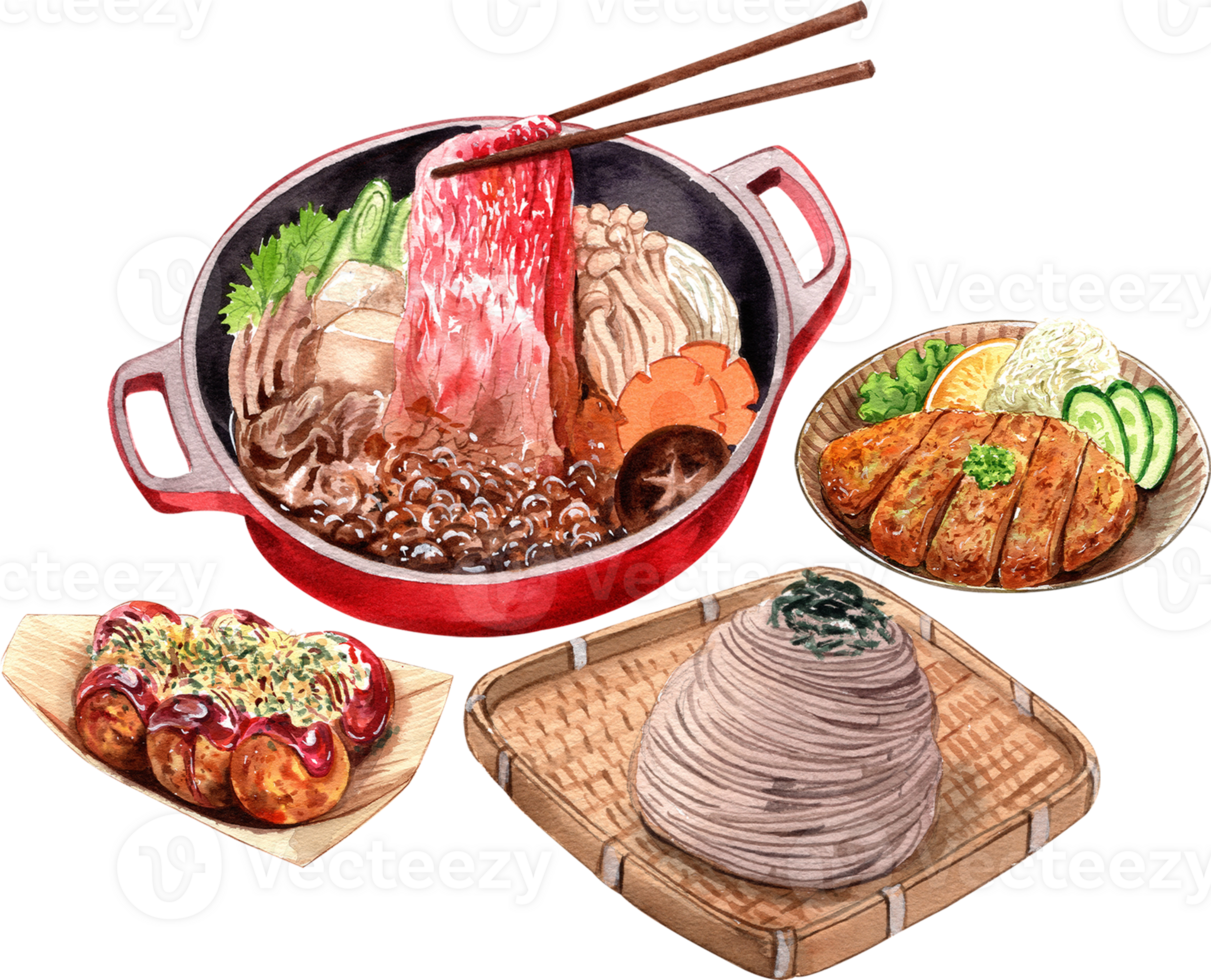 Sukiyaki, Takoyaki, Zaru Soba, chicken tonkatsu Japanese Food , watercolor painting hand-drawn illustration png