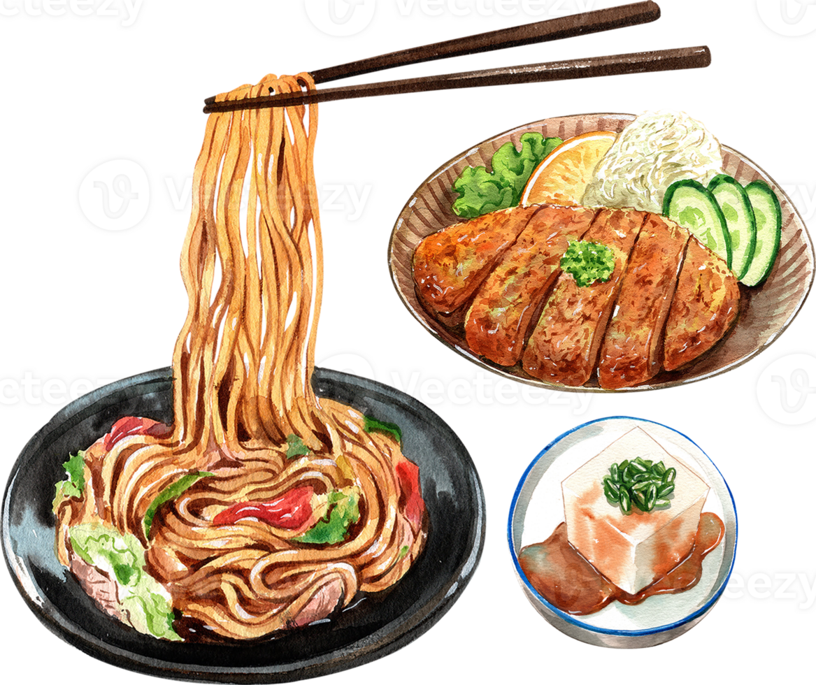 Yakisoba, Tonkatsu, hiyayakko tofu suace Japanese Food, watercolor painting hand-drawn illustration png