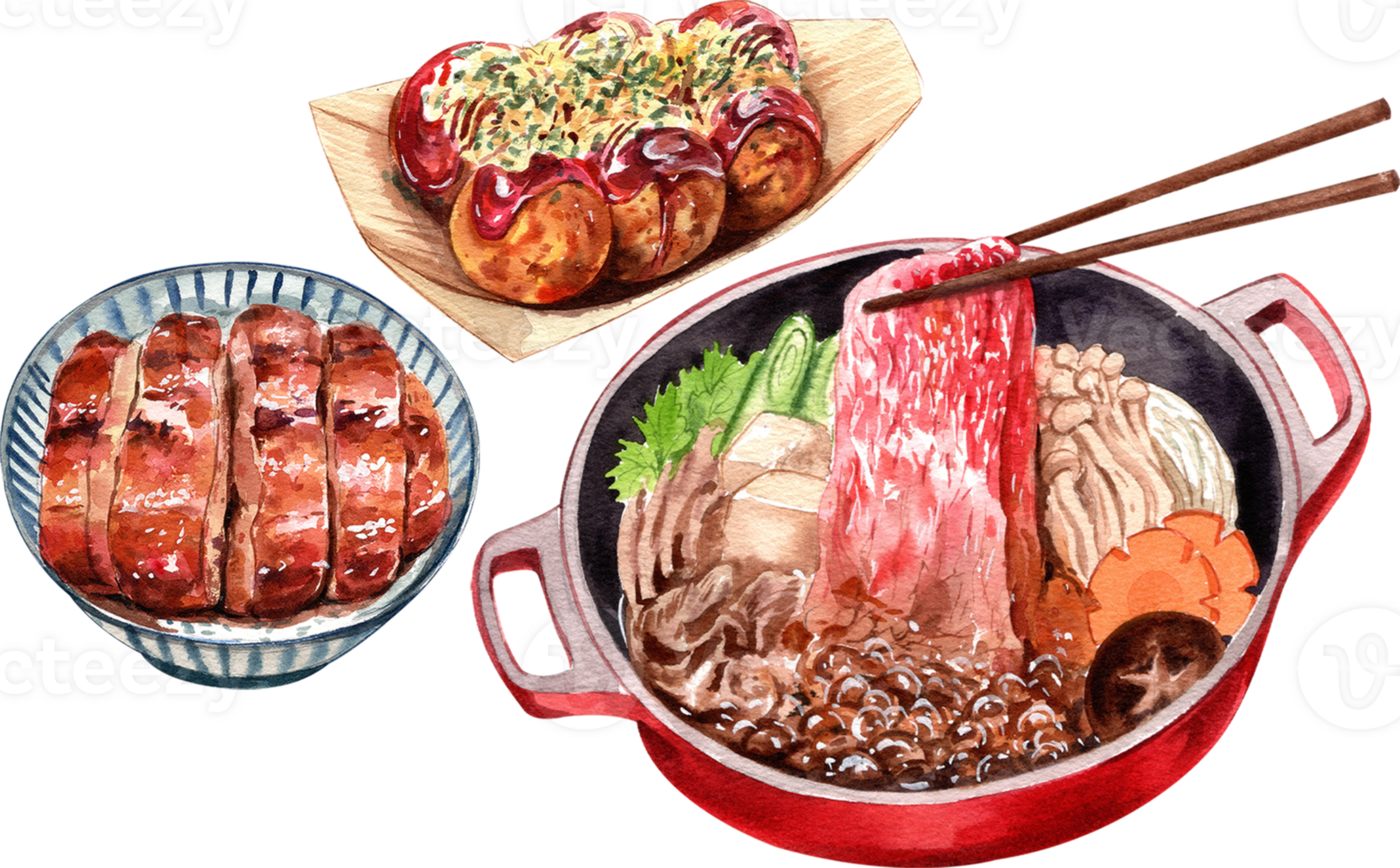 Unadon, Grilled eel, Sukiyaki, Takoyaki, watercolor painting hand-drawn illustration png