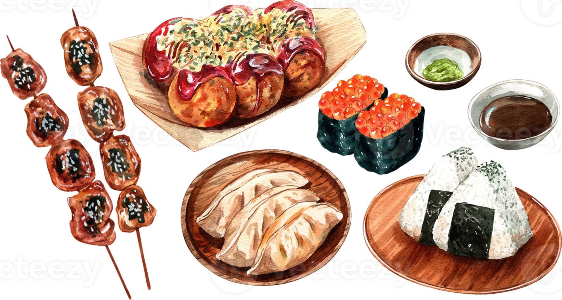 onigiri , takoyaki, gyoza, ikura, red caviar sushi, yakitori, japanese food, watercolor painting hand-drawn illustration png