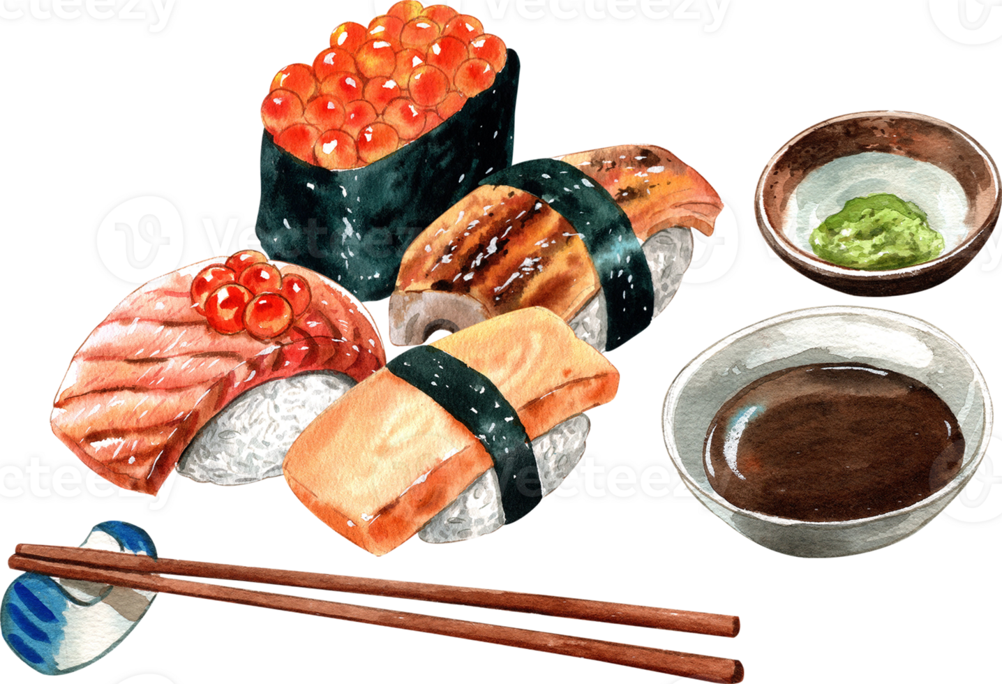 salmon burnt sushi, Unagi sushi, grilled eel sushi, ikura, red caviar sushi, Tomago, sweet egg sushi , japanese, watercolor painting hand-drawn illustration png