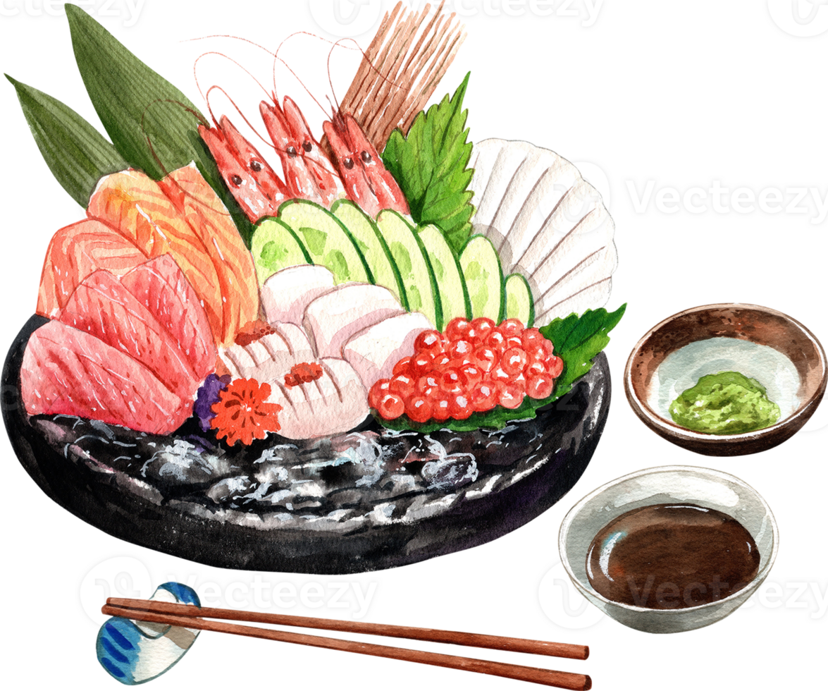 ocean sashimi big set, salmon, tuna, shrimp, engawa,ikura red caviar with wasabi and soy sauce Japanese food, watercolor painting hand-drawn illustration png
