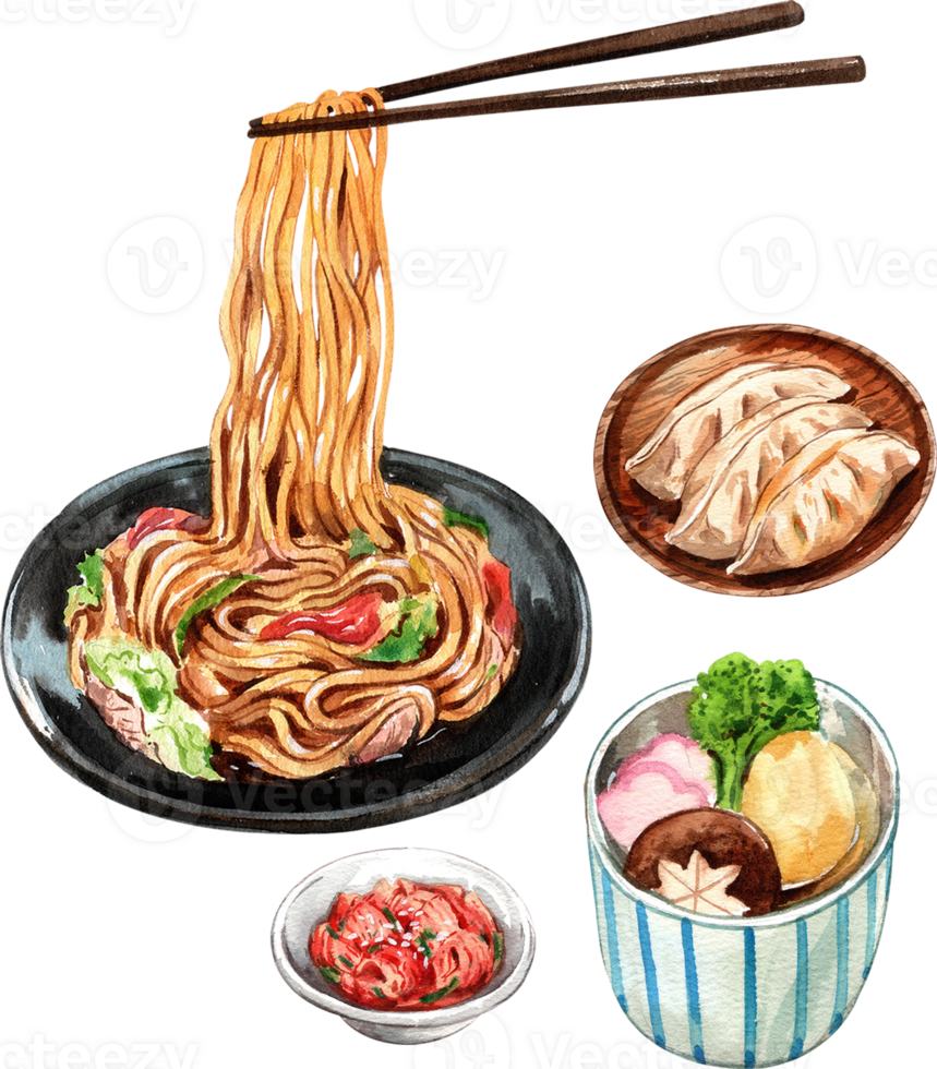 Yakisoba, gyoza japanese fried dumplings, simono clear soup, pickled ginger japanese food, watercolor painting hand-drawn illustration png