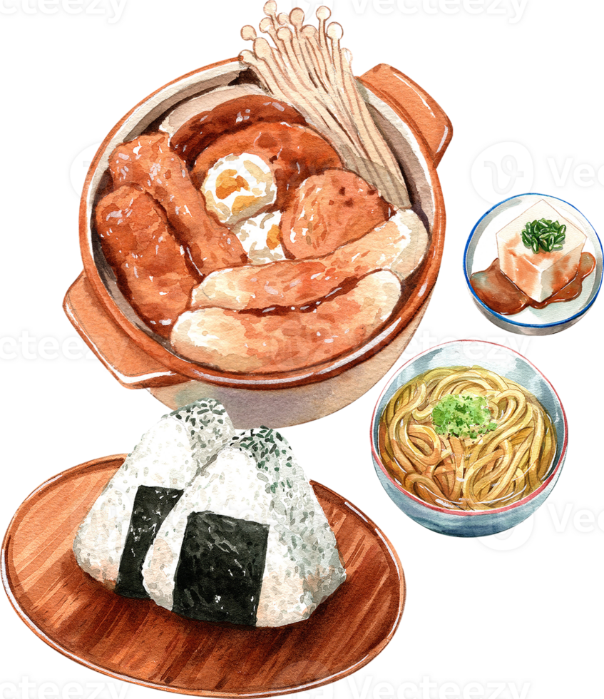 Oden with mushroom in a hot pot, udon noodle soup, onigiri rice, tofu with soysauce, with seaweed japanese food, watercolor painting hand-drawn illustration png
